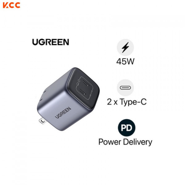 Sạc điện thoại laptop 2 cổng USB-C công nghệ GaN 45W màu đen Ugreen (90572)