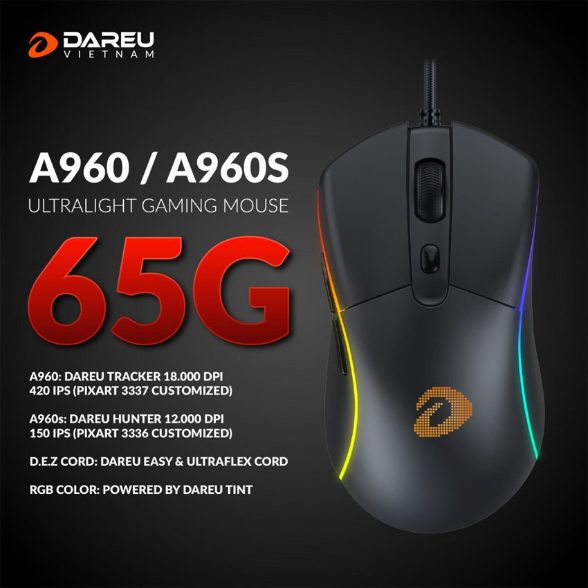 Chuột Gaming DAREU A960s - ULTRALIGHT (HUNTER PWM3336, LED RGB)
